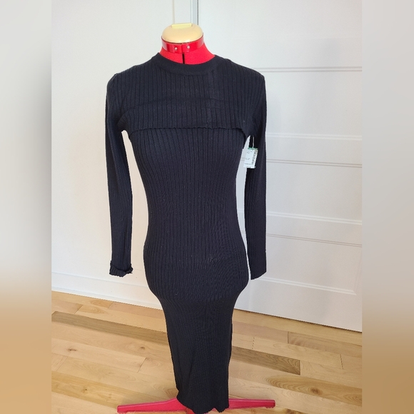 Simons black knit strappy dress with shrug - Picture 2 of 5
